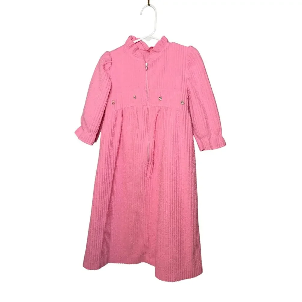 Vintage Pink Ribbed Zipper Robe with Flower Appliques - Picture 1 of 5